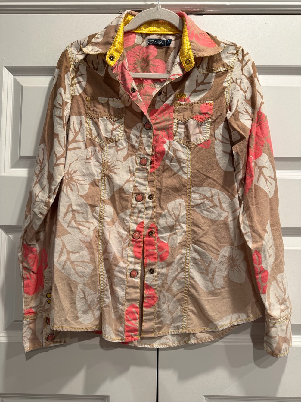 Vintage Cruel Girl Floral Western Shirt - Pink & Brown with Yellow Trim
